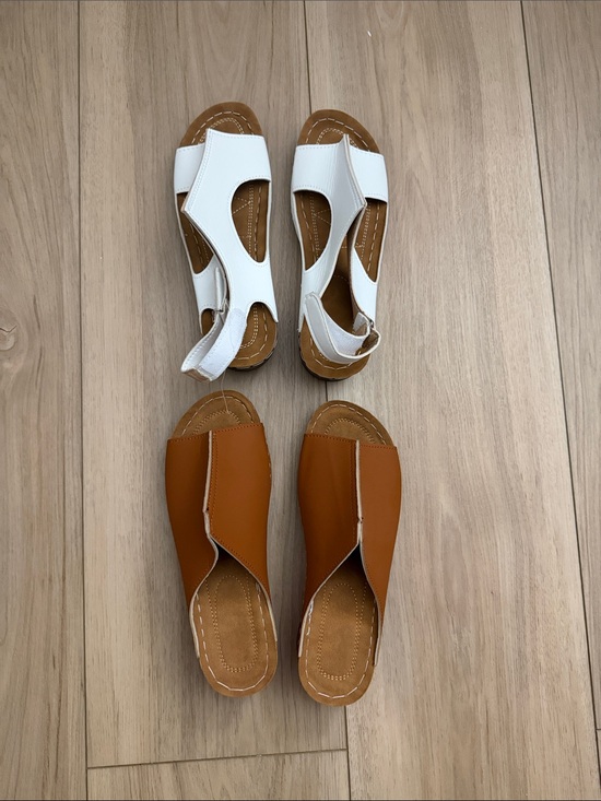 Shoes - Comfort Slide Sandals in White and Tan — Everyday Casual Women’s Sandals